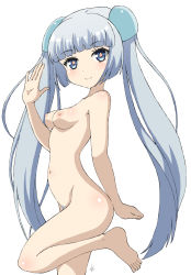 Rule 34 | 10s, 1girl, absurdres, barefoot, blush, breasts, feet, female focus, female pubic hair, from side, girlfriend (kari), grey eyes, hair ornament, hairpods, highres, leg up, legs, long hair, looking at viewer, miss monochrome, miss monochrome (character), navel, nipples, nude, pubic hair, signature, silver hair, simple background, small breasts, smile, solo, star-shaped pupils, star (symbol), symbol-shaped pupils, toes, twintails, vzmk2, waving, white background