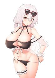 Rule 34 | 1girl, alternate costume, armpits, azur lane, bad id, bad twitter id, bare shoulders, bikini, black bikini, black choker, black legwear, blush, breasts, choker, closed mouth, clothes pull, collarbone, commentary request, eyewear on head, frills, front-tie top, frown, groin, hair between eyes, head tilt, huge breasts, legs together, looking at viewer, macchiato (jae-min cho), navel, o-ring, o-ring bikini, o-ring top, off shoulder, one-piece swimsuit pull, pulled by self, red-framed eyewear, red eyes, scrunchie, see-through, short hair, simple background, sirius (azur lane), sirius (scorching-hot seirios) (azur lane), skindentation, solo, standing, sunglasses, swimsuit, thigh gap, thigh strap, thighs, v-shaped eyebrows, white background, white frills, white hair, white scrunchie, wide hips, wrist scrunchie