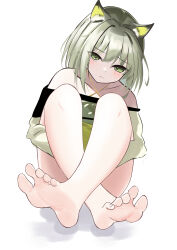 Rule 34 | 1girl, absurdres, animal ears, arknights, bare legs, barefoot, blush, closed mouth, feet, foot focus, foreshortening, green eyes, green hair, highres, kal&#039;tsit (arknights), long hair, looking at viewer, lts kakuyo, simple background, soles, solo, toes, white background