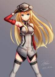 Rule 34 | 10s, 1girl, 2015, arm at side, armor, armpits, artist name, bad id, bad pixiv id, bare shoulders, bismarck (kancolle), blonde hair, blue eyes, breastplate, breasts, cowboy shot, dated, detached sleeves, gloves, gradient background, grey background, hand on headwear, hat, highres, kantai collection, legs apart, long hair, looking at viewer, medium breasts, military, military hat, military uniform, n@ss, peaked cap, signature, solo, standing, thighhighs, uniform
