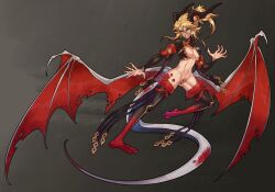 Rule 34 | 1girl, abs, black background, breasts, dragon girl, dragon horns, dragon tail, dragon wings, english text, fate/grand order, fate (series), female focus, full body, green eyes, grin, highres, horns, light brown hair, long hair, maebari, meow on road, mordred (fate), mordred (fate/apocrypha), navel, pointy ears, ponytail, revealing clothes, scar, scar on stomach, small breasts, smile, solo, tail, wings