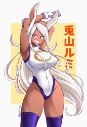 Rule 34 | 1girl, absurdres, animal ears, arm behind head, armpits, arms up, bare shoulders, blue thighhighs, boku no hero academia, breasts, covered navel, dark-skinned female, dark skin, dot nose, eyelashes, female focus, fur-trimmed collar, fur trim, grin, highleg, highleg leotard, highres, japanese text, jarckius, large breasts, legs, leotard, long hair, looking at viewer, mirko, navel, rabbit ears, red eyes, simple background, sleeveless, smile, solo, taut clothes, taut leotard, teeth, thick thighs, thighhighs, thighs, translation request, white hair, white leotard, wide hips, yellow background