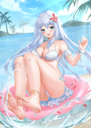 Rule 34 | 1girl, absurdres, anklet, barefoot, beach, blue eyes, blush, feet, highres, innertube, jewelry, long hair, looking at viewer, open mouth, silver hair, soles, splashing, swim ring, swimsuit, toes, water