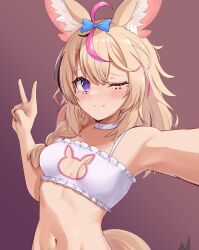Rule 34 | 1girl, ahoge, alternate costume, animal ear fluff, animal ears, bare shoulders, black hair, blonde hair, blue bow, blue nails, blush, bow, bra, braid, breasts, choker, closed mouth, commentary, english commentary, facial mark, fox ears, fox girl, fox tail, gradient background, hair between eyes, hair bow, hair over shoulder, hand up, heart, heart-shaped pupils, highres, hololive, long hair, looking at viewer, multicolored hair, multicolored nails, nail polish, navel, omaru polka, one eye closed, outstretched arm, pink background, pink hair, purple eyes, rabbit cutout, reaching, reaching towards viewer, red nails, selfie, side braid, simple background, single braid, small breasts, smile, solo, streaked hair, symbol-shaped pupils, tail, telomere, underwear, upper body, v, variant set, virtual youtuber, white bra, white choker