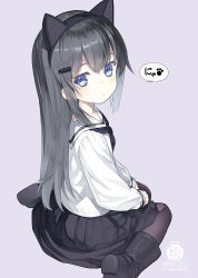 Rule 34 | 1girl, :&lt;, animal ears, black footwear, black hair, black hairband, black pantyhose, black skirt, blue eyes, blush, boots, capriccio, cat ears, closed mouth, commentary request, fake animal ears, hair between eyes, hair ornament, hairband, hairclip, long hair, long sleeves, looking at viewer, looking back, ochi ripca, original, pantyhose, pleated skirt, purple background, sailor collar, shirt, signature, simple background, sitting, skirt, sleeves past wrists, solo, translated, very long hair, wariza, white sailor collar, white shirt