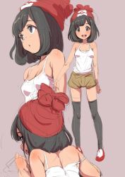 Rule 34 | 1girl, bare shoulders, beanie, black eyes, black hair, black thighhighs, breasts, clearite, creatures (company), female focus, from behind, game freak, hat, multiple views, nintendo, open mouth, pokemon, pokemon sm, selene (pokemon), shorts, simple background, sketch, small breasts, strap slip, tank top, thigh gap, thighhighs, upper body