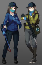 Rule 34 | 2girls, absurdres, bag, baseball cap, bayonet, black footwear, black headwear, black pants, black pantyhose, blood, blue gloves, blue shirt, breasts, brown hair, collared shirt, commentary, crowbar, drawstring, dress shirt, english commentary, gloves, green eyes, grey background, grey pants, gun, hat, highres, holding, holding crowbar, holding gun, holding weapon, hood, hood down, hooded jacket, jacket, long hair, long sleeves, looking at viewer, mask, mask pull, medium breasts, mouth mask, multiple girls, ndtwofives, pants, pantyhose, parted lips, project zomboid, puffy long sleeves, puffy sleeves, rod of asclepius, shirt, shoes, shotgun, simple background, standing, surgical mask, weapon, weapon request, white shirt, yellow jacket