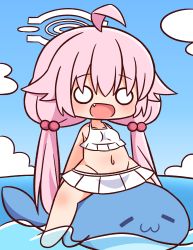 Rule 34 | 1girl, :d, ahoge, bare arms, bare shoulders, barefoot, bikini, blue archive, blue sky, blush, breasts, chibi, cloud, collarbone, day, fang, frilled bikini, frills, full body, groin, hair between eyes, hair bobbles, hair ornament, halo, hana kazari, highres, horizon, hoshino (blue archive), hoshino (swimsuit) (blue archive), inflatable dolphin, inflatable toy, long hair, looking at viewer, low twintails, navel, o o, ocean, open mouth, outdoors, pink hair, sitting, sky, small breasts, smile, solo, straddling, swimsuit, twintails, very long hair, water, white bikini
