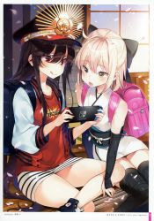 Rule 34 | &gt;:), 2girls, :o, :q, absurdres, aged down, alternate costume, backpack, bag, bare shoulders, black bag, black bow, black footwear, black legwear, blonde hair, bow, brown hair, clothes writing, commentary request, contemporary, converse, detached sleeves, fate/grand order, fate (series), hair between eyes, hair bow, hat, highres, holding, jacket, japanese clothes, kimono, long hair, miniskirt, mirei, multiple girls, nintendo switch, oda nobunaga (fate), oda nobunaga (koha-ace), oda nobunaga (swimsuit berserker) (fate), oda nobunaga (swimsuit berserker) (first ascension) (fate), okita souji (fate), okita souji (koha-ace), open mouth, peaked cap, pencil skirt, petals, red eyes, red shirt, scan, shirt, shoes, short hair, short kimono, sidelocks, sitting, skirt, sleeveless, sleeveless kimono, sneakers, striped clothes, striped skirt, thighhighs, thighs, tongue, tongue out, translation request, v-shaped eyebrows, very long hair, white skirt, yellow eyes, zettai ryouiki