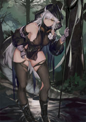 Rule 34 | 1girl, arknights, bare shoulders, black footwear, black thighhighs, boots, breasts, caijidayisheng, chinese commentary, commentary request, crocodilian tail, flower, gloves, gluteal fold, grey gloves, holding, holding staff, hood, large tail, long hair, long sleeves, medium breasts, silver hair, solo, staff, standing, tail, thighhighs, thighs, tomimi (arknights), very long hair, white flower, yellow eyes