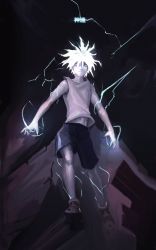 Rule 34 | 1boy, blue eyes, electricity, full body, highres, hunter x hunter, killua zoldyck, male focus, shoes, shorts, solo, standing, standing on one leg, synthesine, tank top, white hair