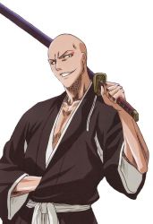 Rule 34 | 1boy, bald, bleach, madarame ikkaku, male focus, sheath, sheathed, simple background, solo, sword, weapon, white background
