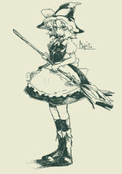 Rule 34 | 1girl, aosaki, bad id, bad pixiv id, braid, broom, female focus, full body, hat, highres, kirisame marisa, monochrome, solo, standing, touhou, witch, witch hat