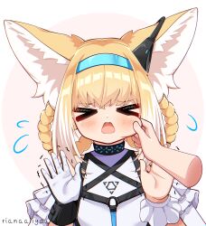 Rule 34 | &gt; &lt;, 1girl, 1other, absurdres, animal ear fluff, animal ears, arknights, bare shoulders, black collar, black gloves, blonde hair, blue hairband, blush, braid, braided hair rings, cheek pinching, closed eyes, collar, colored tips, commentary, earpiece, flying sweatdrops, fox ears, fox girl, frilled sleeves, frills, gloves, hair rings, hairband, hands up, highres, infection monitor (arknights), looking at viewer, multicolored hair, mydeviant, open mouth, pinching, short sleeves, signature, single glove, single wrist cuff, solo, suzuran (arknights), teeth, twin braids, two-tone gloves, two-tone hair, upper body, upper teeth only, white gloves, white hair, wrist cuffs