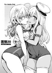 Rule 34 | 2girls, ahoge, asanagi, ass, bare shoulders, blush, breasts, cheek-to-cheek, cosplay, costume switch, crop top, flat ass, flower, glasses, greyscale, groping, hair flower, hair ornament, hat, heads together, heart, heart-shaped pupils, hug, i-8 (kancolle), i-8 (kancolle) (cosplay), kantai collection, licking lips, long hair, looking at viewer, monochrome, multiple girls, one-piece tan, ro-500 (kancolle), ro-500 (kancolle) (cosplay), sailor collar, school swimsuit, small breasts, smile, swimsuit, swimsuit under clothes, symbol-shaped pupils, tan, tanline, thighhighs, thighhighs pull, tongue, tongue out, twintails