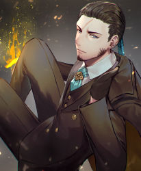 Rule 34 | 1boy, belt, black hair, black suit, blue necktie, coat, commentary request, facial hair, formal, goatee, gun, highres, long hair, male focus, mature male, necktie, pants, penguu (green528), ponytail, ricardo soldato, scar, scar on face, shirt, sitting, solo, suit, tales of (series), tales of innocence, trench coat, weapon