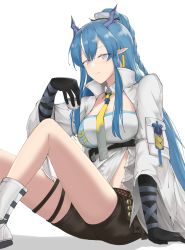 Rule 34 | 1girl, arknights, bare legs, black shorts, blue eyes, blue hair, boots, breasts, coat, commentary, cup, feet out of frame, her mann, highres, holding, holding cup, horns, knee up, large breasts, ling (arknights), long hair, looking at viewer, necktie, open clothes, open coat, pointy ears, shirt, short shorts, shorts, simple background, sitting, solo, strapless, strapless shirt, thigh strap, thighs, very long hair, white background, white coat, white footwear, yellow necktie