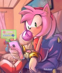 Rule 34 | 1girl, amy rose, animal ears, animal nose, artist name, bangle, bare shoulders, blush, body fur, boots, bracelet, cellphone, chao (sonic), chewing gum, closed mouth, commentary, curtains, drawing (object), dress, english commentary, flat chest, flower, flower request, furry, furry female, gloves, green eyes, hairband, hedgehog ears, hedgehog tail, hero chao, holding, holding phone, indoors, jewelry, knee boots, looking at phone, phone, pink curtains, pink fur, pink hair, red dress, red footwear, red hairband, rosuroid, short dress, short hair, signature, sitting, sleeveless, smartphone, solo, sonic (series), sonic the hedgehog, table, tail, text messaging, throw pillow, vase