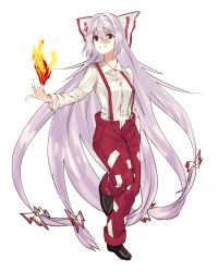 Rule 34 | 1girl, absurdly long hair, asuzemu, bad id, bad pixiv id, black footwear, bow, breasts, closed mouth, dress shirt, fire, fujiwara no mokou, full body, hair between eyes, hair bow, hand in pocket, highres, long hair, long sleeves, looking away, pants, red eyes, red pants, shirt, shoes, silver hair, small breasts, smile, solo, standing, suspenders, touhou, very long hair, white bow, white shirt