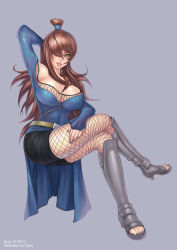 Rule 34 | 1girl, arm behind head, armor, bad anatomy, bad feet, bare shoulders, breasts, brown hair, cleavage, crossed legs, dress, artistic error, eyelashes, fishnets, full body, greaves, green eyes, grey background, hair over one eye, large breasts, legs, lips, long hair, nail polish, naruto (series), naruto shippuuden, naughty face, simple background, sitting, smile, solo, terumi mei, thighs, vasily (run211)