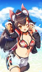 Rule 34 | 1girl, absurdres, animal ears, bikini, bikini under clothes, black hair, breasts, brown eyes, cleavage, collar, cup, denim, denim shorts, drinking glass, highres, holding, holding cup, hololive, kaburagi (pino), large breasts, multicolored hair, navel, one eye closed, ookami mio, ookami mio (hololive summer 2019), ponytail, red hair, shorts, solo, swimsuit, tail, tail wrap, two-tone hair, virtual youtuber, wolf ears, wolf tail