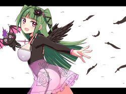 Rule 34 | 1girl, ass, black wings, blush, breasts, cougar (cougar1404), flower, from behind, garter straps, green hair, hair flower, hair ornament, hair ribbon, large breasts, leotard, long hair, looking at viewer, open mouth, original, red eyes, ribbon, see-through, shiny clothes, shiny skin, sideboob, skirt, smile, very long hair, wings