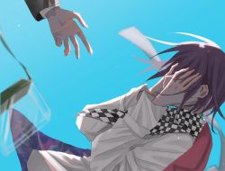 Rule 34 | 2boys, checkered clothes, checkered scarf, danganronpa (series), danganronpa v3: killing harmony, from side, green background, grey jacket, hands on own face, hands up, highres, jacket, kasou (roomno404 ), long sleeves, male focus, medium hair, multiple boys, oma kokichi, outstretched hand, pink jacket, saihara shuichi, scarf, solo focus, space print, starry sky print