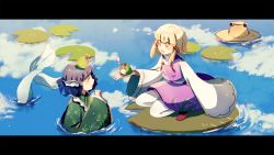Rule 34 | !, 2girls, animal, blonde hair, blunt bangs, cake mogo, closed eyes, day, fins, fish tail, frog on head, green kimono, hair ribbon, hat, unworn hat, head fins, unworn headwear, holding, holding animal, japanese clothes, kimono, letterboxed, lily pad, long sleeves, looking at another, mermaid, monster girl, moriya suwako, multiple girls, open mouth, outdoors, partially submerged, print kimono, print skirt, purple skirt, purple vest, red ribbon, reflection, reflective water, ribbon, shirt, skirt, tail, teeth, thighhighs, touhou, upper teeth only, vest, wakasagihime, water, white legwear, white shirt, wide sleeves