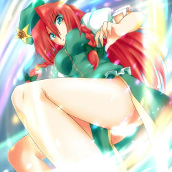 Rule 34 | 1girl, akudato, ass, braid, breasts, censored, convenient censoring, dress, female focus, from below, green eyes, hair ribbon, hat, highres, hong meiling, immaterial and missing power, large breasts, long hair, red hair, ribbon, solo, star (symbol), touhou, twin braids