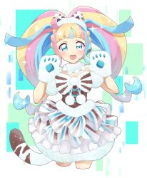 Rule 34 | 1girl, absurdres, animal ears, animal hands, blue eyes, blunt bangs, bow, choker, corset, cropped legs, daia (pri chan), eyelashes, fake animal ears, fake tail, fur choker, headset, highres, kiratto pri chan, looking at viewer, minoco (sana moko), multicolored hair, open mouth, pom pom (clothes), pretty series, solo, striped, striped bow, tail, twintails, white bow, white choker