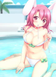 Rule 34 | 1girl, animal ears, bad id, bad pixiv id, barefoot, bikini, bikini in mouth, blush, bow, breasts, cleavage, clothes in mouth, hair intakes, highres, large breasts, looking at viewer, mouth hold, navel, original, partially submerged, pink hair, rabbit ears, red eyes, sakura (mani), shiny skin, short hair, sitting, skindentation, smile, solo, submerged, swimsuit, untied bikini, usashiro mani, wariza