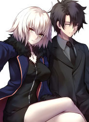 Rule 34 | 1boy, 1girl, ahoge, black dress, black hair, black neckwear, black suit, blue coat, blush, breasts, closed eyes, closed mouth, coat, collared shirt, crossed legs, dress, fate/grand order, fate (series), formal, fujimaru ritsuka (male), fujimaru ritsuka (male) (royal brand), fur-trimmed sleeves, fur collar, fur trim, grey shirt, hair between eyes, highres, jeanne d&#039;arc (fate), jeanne d&#039;arc alter (fate), jeanne d&#039;arc alter (ver. shinjuku 1999) (fate), jewelry, large breasts, long sleeves, looking at viewer, necklace, necktie, official alternate costume, open clothes, open coat, pale skin, parted bangs, red coat, shigure s, shirt, short dress, short hair, simple background, sitting, suit, taut clothes, taut dress, white background, white hair, yellow eyes