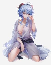 Rule 34 | 1girl, ahoge, alternate costume, black sash, blue hair, breasts, bubble, center opening, collarbone, crossed bangs, ganyu (genshin impact), genshin impact, goat horns, grey kimono, hair intakes, hand on own thigh, hand up, highres, horns, japanese clothes, kimono, kmes niku, kneeling, large breasts, light blush, long hair, looking at viewer, low ponytail, open mouth, purple eyes, red horns, rubbing eyes, sash, shadow, sidelocks, signature, simple background, tsurime, very long hair, wavy hair, white background, yukata