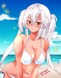 Rule 34 | 1girl, alternate costume, artist name, beach, bikini, blue sky, breasts, brown eyes, cleavage, cloud, commentary request, dark-skinned female, dark skin, dated, day, glasses, hokuna rin, horizon, kantai collection, large breasts, long hair, looking to the side, musashi (kancolle), musashi kai ni (kancolle), ocean, outdoors, rectangular eyewear, semi-rimless eyewear, silver hair, sky, solo, swimsuit, twintails, upper body, white bikini
