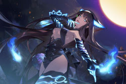 Rule 34 | 1girl, bare shoulders, black hair, blue eyes, blue fire, breasts, cleavage, dutch angle, elbow gloves, fate/grand order, fate (series), fire, fireball, gloves, glowing, glowing eyes, highres, hug (yourhug), light smile, long hair, looking at viewer, medium breasts, moon, moonlight, night, outdoors, smug, solo, standing, star (sky), thighhighs, very long hair, yang guifei (fate), yang guifei (third ascension) (fate)