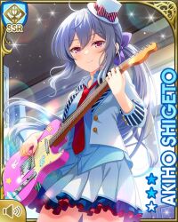 Rule 34 | 1girl, alternate costume, blue shirt, bow, breasts, card (medium), character name, closed mouth, day, female focus, girlfriend (kari), grey hair, guitar, hat, instrument, jacket, long hair, necktie, official art, outdoors, plaid, plaid skirt, plectrum, qp:flapper, red necktie, red neckwear, shigeto akiho, shirt, skirt, smile, standing, striped bow, tagme, top hat, white headwear,, white jacket, white skirt