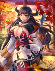 Rule 34 | 1girl, absurdres, animal print, autumn, autumn leaves, bad id, bad pixiv id, bird, black hair, black nails, black shirt, bluebird, blunt bangs, breasts, bridal gauntlets, center opening, cleavage, cloud, collar, collarbone, cow horns, cow print, cowboy shot, curvy, detached sleeves, earrings, evening, eyeshadow, highres, hip vent, holding, holding leaf, horn ornament, horn ribbon, horns, japanese clothes, jewelry, konomi (lovecrab), large breasts, layered skirt, leaf, long hair, long sleeves, looking at viewer, looking to the side, makeup, mole, mole on breast, nail polish, navel, open mouth, re:act, red eyes, red ribbon, red thighhighs, red vest, ribbon, rope, sash, shimenawa, shirt, skirt, smile, solo, sparkle, thighhighs, torii, ushio tia, very long hair, vest, virtual youtuber, whorled clouds, wide hips, wide sleeves, zettai ryouiki