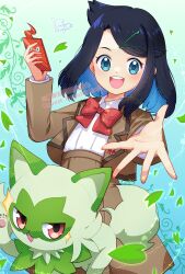 Rule 34 | 1girl, :d, aqua eyes, black hair, bow, bowtie, brown jacket, brown skirt, commentary request, creatures (company), falling leaves, game freak, gen 4 pokemon, hair ornament, hairclip, highres, hiragana sherry, holding, holding phone, jacket, leaf, liko (pokemon), looking at viewer, nintendo, open clothes, open jacket, open mouth, phone, pokemon, pokemon (anime), pokemon (creature), pokemon horizons, red bow, red bowtie, rotom, rotom phone, shirt, sidelocks, signature, skirt, smile, spread fingers, sprigatito, teeth, upper teeth only, white shirt