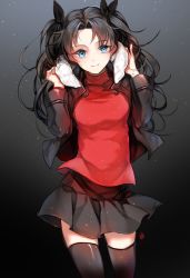 Rule 34 | 1girl, black background, black hair, black jacket, black ribbon, black skirt, black thighhighs, blue eyes, chico907, closed mouth, cowboy shot, fate/stay night, fate (series), fur trim, gradient background, hair ribbon, hands up, jacket, long hair, long sleeves, parted bangs, pleated skirt, ribbon, skirt, smile, solo, thighhighs, tohsaka rin, turtleneck, two side up, zettai ryouiki