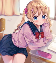 Rule 34 | 1girl, artist name, blonde hair, blue sailor collar, blue skirt, blurry, blurry background, blush, bow, bowtie, breasts, classroom, depth of field, desk, eyebrows hidden by hair, hair bow, hair ornament, hairclip, hand on own cheek, hand on own face, hands up, heart, heart hair ornament, highres, long hair, looking at viewer, applying manicure, medium breasts, nail polish, on chair, original, pleated skirt, red bow, ribbon, sailor collar, school desk, school uniform, serafuku, sidelocks, sitting, skirt, solo, sugutsuka rerun, sunlight, sweater, sweater vest, twintails, two side up, uniform, window, x hair ornament