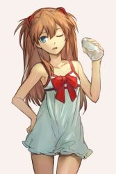 Rule 34 | 1girl, bare shoulders, blue eyes, bottle, bow, contrapposto, cowboy shot, hair ornament, hand on own hip, hungry clicker, lingerie, long hair, neon genesis evangelion, one eye closed, open mouth, orange hair, red bow, simple background, skinny, solo, souryuu asuka langley, standing, underwear, white background
