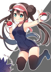 Rule 34 | 1girl, aqua eyes, bare shoulders, black thighhighs, blue one-piece swimsuit, blush, breasts, brown hair, closed mouth, creatures (company), double bun, game freak, grey background, hair between eyes, hair bun, hanamiya natsuka, holding, holding poke ball, hugh (pokemon), nintendo, no shoes, old school swimsuit, one-piece swimsuit, outline, outstretched arm, poke ball, poke ball (basic), pokemon, pokemon bw2, rosa (pokemon), school swimsuit, small breasts, smile, solo focus, swimsuit, thighhighs, translation request, twintails, two-tone background, visor cap, white background, white headwear, white outline