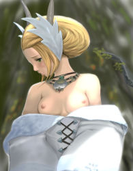 Rule 34 | 10s, 1girl, bad id, bad pixiv id, blonde hair, breasts, crying, final fantasy, final fantasy xiv, forest, green eyes, hair up, highres, horns, jewelry, kan-e-senna, nature, necklace, nipples, off shoulder, padjal, piroshiky, small breasts, tears