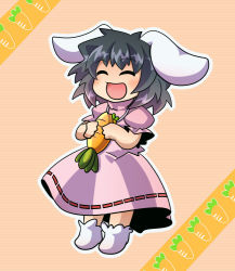Rule 34 | 1girl, ^ ^, animal ears, black hair, rabbit ears, carrot, dress, closed eyes, floppy ears, inaba tewi, open mouth, puffy short sleeves, puffy sleeves, short sleeves, smile, solo, tomato chip, touhou