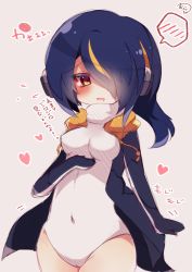 Rule 34 | 10s, 1girl, blue hair, blush, breasts, covered navel, emperor penguin (kemono friends), hair over one eye, heart, highres, kemono friends, leotard, muuran, pink background, short hair, simple background, sketch, solo, spoken blush, translation request, yellow eyes
