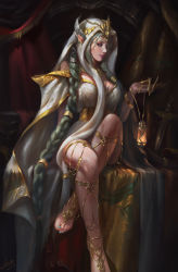 Rule 34 | 1girl, absurdres, arm behind back, bare shoulders, belt, blue eyes, braid, breasts, cleavage, dark background, dress, ear piercing, facial mark, gold, green hair, hair ornament, hairband, highres, holding, hood, jingyu wen, lamp, leg up, long hair, looking at viewer, md5 mismatch, original, parted lips, piercing, pointy ears, resolution mismatch, scales, signature, sitting, solo, source smaller, tattoo, thighlet, tiara, toenails, watermark, white dress