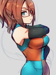 Rule 34 | 1girl, alternate hairstyle, android 21, black-framed eyewear, blue eyes, breasts, checkered clothes, checkered dress, closed mouth, detached sleeves, dragon ball, dragon ball fighterz, dress, earrings, glasses, grey background, hair between eyes, hoop earrings, jewelry, kemachiku, large breasts, looking at viewer, ponytail, red hair, simple background, solo