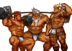 Rule 34 | 3boys, abs, arm tattoo, bara, barbell, beard, blush, bulge, bwanga, chest tattoo, commission, crossover, dark-skinned male, dark skin, dungeon and fighter, elden ring, exercising, facial hair, fate/grand order, fate/zero, fate (series), feather hair ornament, feathers, feet out of frame, flexing, godfrey first elden lord, hair ornament, half-erect, iskandar (fate), jockstrap, large bulge, large pectorals, leg tattoo, long beard, long hair, looking at another, male focus, male underwear, mature male, multiple boys, multiple crossover, muscular, muscular male, navel, nipples, old, old man, pectorals, red eyes, red hair, short hair, sideburns, size difference, squatting, stomach, tattoo, thick thighs, thighs, topless male, traver009, tribal, underwear, veins, veiny arms, weightlifting, white male underwear, yaoi