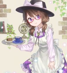 Rule 34 | 1girl, alternate eye color, ama-tou, apron, armillary sphere, bolo tie, book, bookshelf, bow, brick, brown hair, buttons, cake, collarbone, collared shirt, crescent, cup, fingernails, flower pot, food, frills, glasses, hat, hat bow, highres, holding, holding tray, indoors, leaf, leaning to the side, long sleeves, looking at viewer, low twintails, pink lips, plaid, plaid shirt, plaid skirt, plant, plate, purple eyes, quimbaya airplane, red-framed eyewear, saucer, semi-rimless eyewear, shelf, shirt, short twintails, skirt, sleeve cuffs, sleeveless, sleeveless shirt, smile, solo, star (symbol), star print, touhou, tray, twintails, under-rim eyewear, usami sumireko, vase, wall