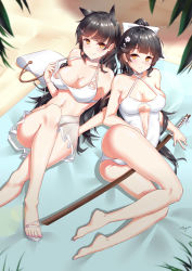 Rule 34 | 2girls, absurdres, animal ears, atago (azur lane), atago (summer march) (azur lane), azur lane, bag, barefoot, bikini, black hair, breasts, brown eyes, casual one-piece swimsuit, dog ears, from above, hair flaps, highres, large breasts, long hair, looking at viewer, lying, multiple girls, navel, one-piece swimsuit, ponytail, sarong, swimsuit, sword, takao (azur lane), takao (beach rhapsody) (azur lane), weapon, white bikini, white one-piece swimsuit, yiyu qing mang